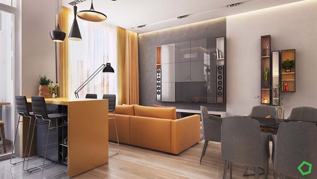 thiet ke noi that can ho chung cu 02 Gợi ý thiết kế căn hộ chung cư ấm áp với điểm nhấn màu vàng